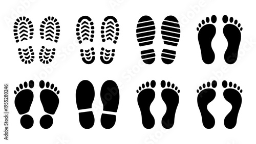 A collection of various black footprints displayed in a grid arrangement