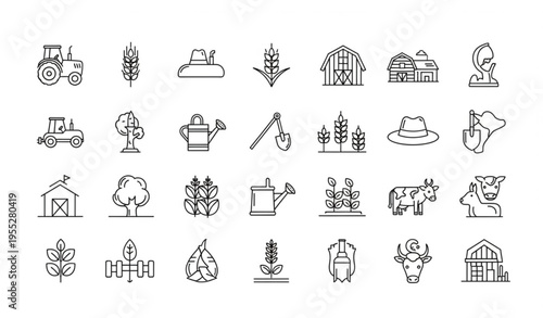 Agriculture Line Art Icons Set — Farm Equipment and Crop Vector Bundle