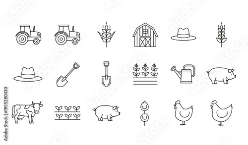 Agriculture Line Art Icons Set — Farm Equipment and Crop Vector Bundle