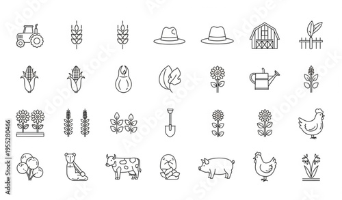 Agriculture Line Art Icons Set — Farm Equipment and Crop Vector Bundle