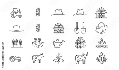Agriculture Line Art Icons Set — Farm Equipment and Crop Vector Bundle