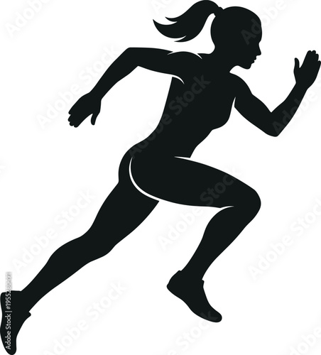 Solid silhouette vector of running woman, female athlete sprinting, fast jogger girl, marathon runner, active lifestyle fitness sport exercise isolated
