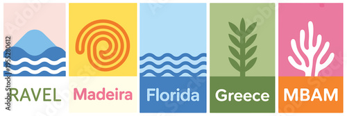 Colorful travel destination icons with names