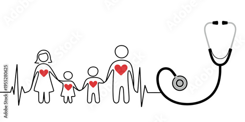 Family holding hands with stethoscope and heart rate line