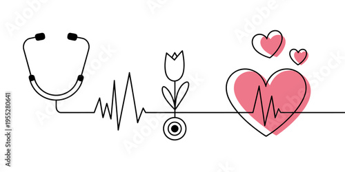 Medical heartbeat stethoscope heart line art
