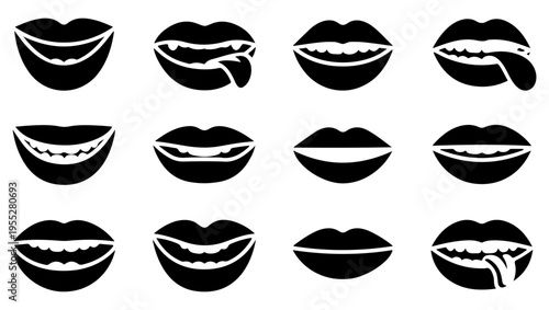 A collection of stylized mouth and lips icons depicting various expressions