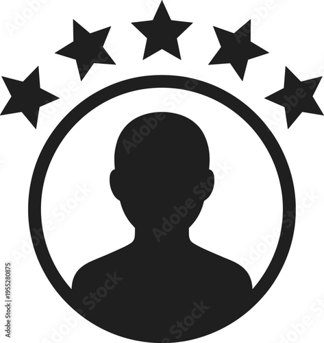 Solid silhouette vector user profile icon with five stars, customer feedback rating symbol, professional testimonial illustration, isolated on white,