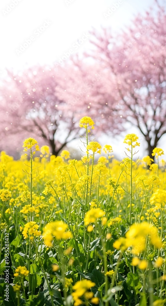 Fototapeta premium Vibrant yellow flowers and pink blossoms.