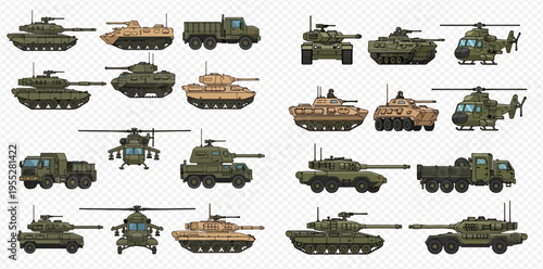 Pixel art military vehicles set with tanks, trucks, and helicopters in various designs and colors.