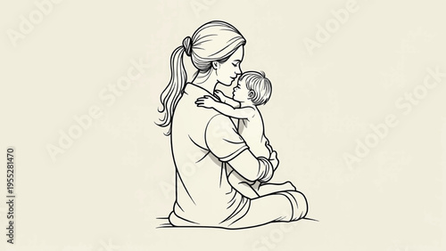 Vector illustration of mother holding baby, line art style