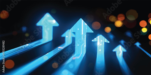 3D business graph illustration featuring abstract arrows and a house icon as a symbol of growth and market success in a finance leadership concept