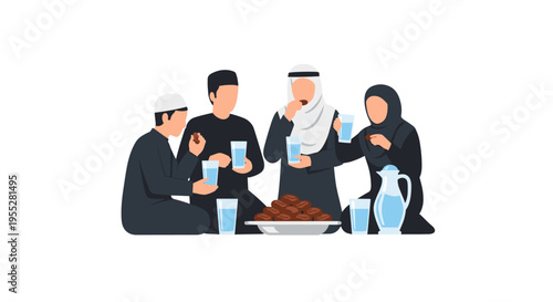 An illustrated depiction of a Muslim family and friends gathered together, enjoying a meal and drinks during the Ramadan iftar celebration, a cultural moment of togetherness.