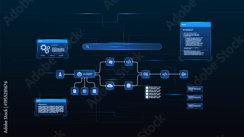 AI workflow automation artificial intelligence. ai agent workflow diagram data pipelines processing system, coding panel and automation flow.