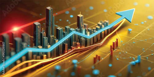 Abstract 3d illustration of a colorful urban skyline featuring golden bars and stars over a night city architecture design