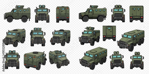 Set of military armored vehicles with different views and angles, isolated on transparent background.