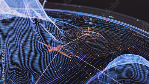 Obraz na płótnie Digital aviation interface showing 3D terrain grid, aircraft marker, and navigat