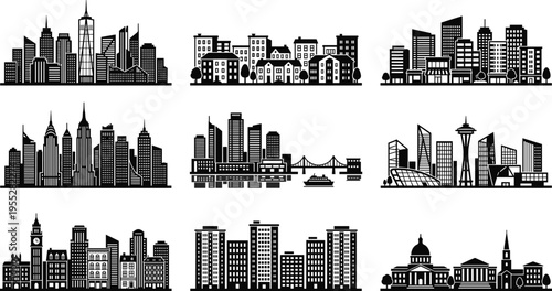 Set of Black and White City Skyline Silhouettes Featuring Modern Skyscrapers Urban Landscapes Historic Architecture Famous Landscaped Cityscapes and Metropolitan Building Outlines