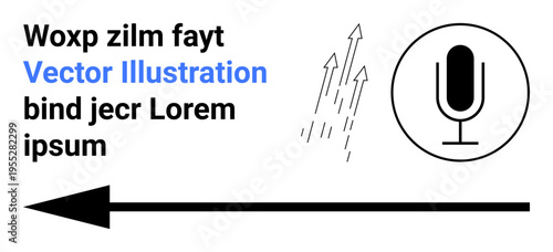 Content creation, direction, audio technology, communication, navigation, abstract design. A microphone symbol, directional arrow and placeholder text. Content creation and direction concept