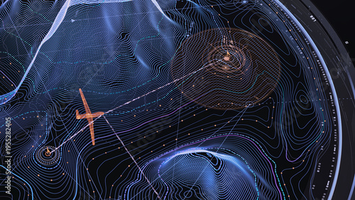 Hybrid civil military UAV control dashboard, elevation mesh, sensor grid points, flight corridors