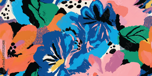 Textured abstract floral seamless pattern with colorful geometric shapes for modern textiles and stationery design.
