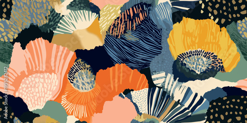 Textured abstract floral seamless pattern with colorful geometric shapes for modern textiles and stationery design.