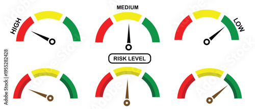 Low, Medium or High risk on speedometer. set of 6 risk meter icon.  Risk Meter Gauge Set. 3d Speedometer Icon vector illustration. 