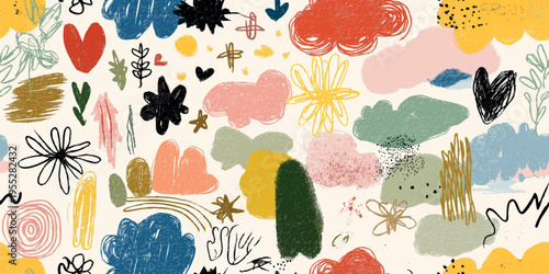 Playful hand-drawn doodle seamless pattern with hearts, sun, and clouds for kids textiles, packaging, and stationery.