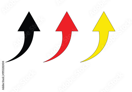 Three curved arrows pointing up in black red and yellow for growth and success