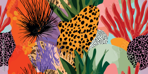 Vibrant jungle collage seamless pattern with leopard print and tropical leaves for textiles, packaging, and branding.