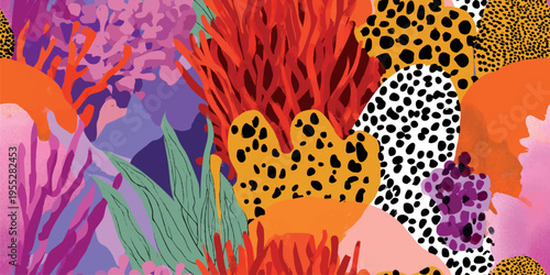 Vibrant jungle collage seamless pattern with leopard print and tropical leaves for textiles, packaging, and branding.