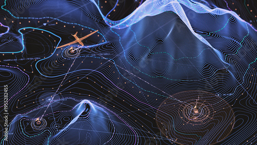 Schilderij op canvas Geospatial flight monitoring interface, vibrant contour lines, aircraft icons, a