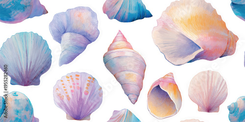 Soft watercolor conch and scallop shell seamless pattern for nursery decor, textiles, and summer packaging.