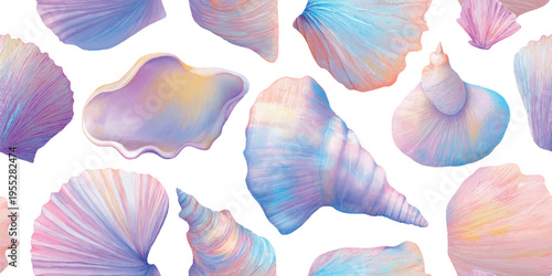 Soft watercolor conch and scallop shell seamless pattern for nursery decor, textiles, and summer packaging.