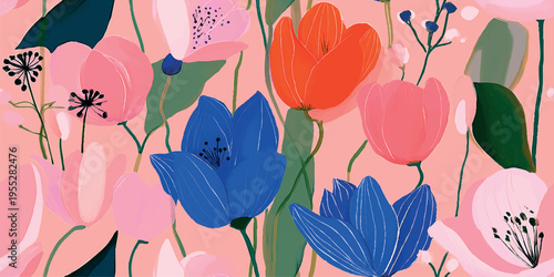 Vibrant hand-painted tulip flower seamless pattern with bold blue and orange blooms for floral textiles, wallpapers, and branding.