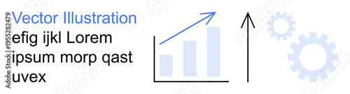 Business growth, performance tracking, data analysis, progress, productivity, innovation. Bar chart with arrow pointing upward and gear icons. Business growth and performance tracking concept