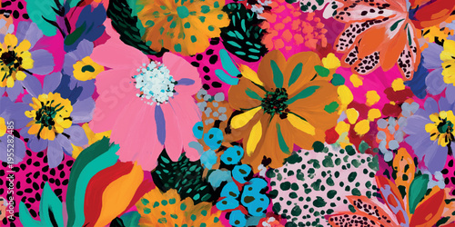 Modern abstract expressive floral seamless pattern with colorful brush strokes and dots for textiles, fashion, and home decor.