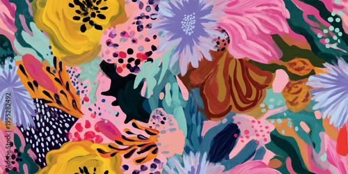 Modern abstract expressive floral seamless pattern with colorful brush strokes and dots for textiles, fashion, and home decor.