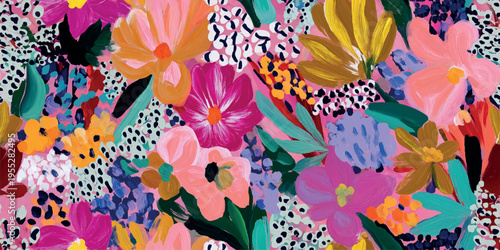 Modern abstract expressive floral seamless pattern with colorful brush strokes and dots for textiles, fashion, and home decor.
