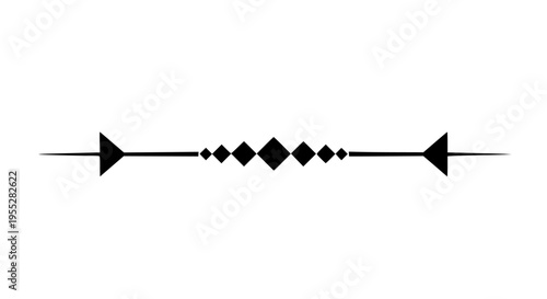 Elegant horizontal geometric divider line with symmetric arrowheads and a pattern of progressively sized diamond shapes creating a decorative design element on transparent background. 