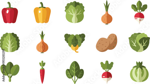 Colorful Vegetable Vector Set Featuring Bell Pepper, Onion, Carrot, Potato, Lettuce, and Radish for Healthy Food Illustrations