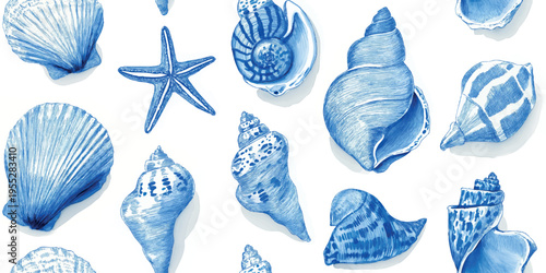 Monochrome blue watercolor seashell seamless pattern with detailed starfish for coastal home decor and textile design.