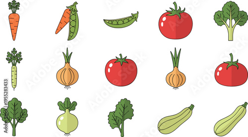 Vegetable Vector Set Featuring Carrot, Tomato, Onion, Pea Pod, and Broccoli for Healthy Food Illustrations