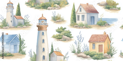 A peaceful, hand-painted watercolor seamless pattern showcasing charming coastal cottages, majestic lighthouses, and soft sand dunes with sea grass. Ideal for maritime-themed home decor