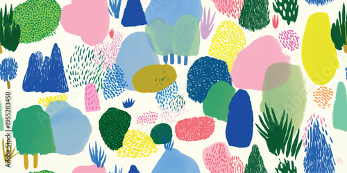 A playful and modern seamless pattern composed of abstract forest and plant shapes painted in a textured gouache style. Featuring a bright palette of pink, blue, green, and yellow, stationery