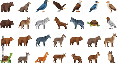 Photography Wild Animal and Bird Vector Set Featuring Bears, Wolves, Eagles, Turtles, and Fo