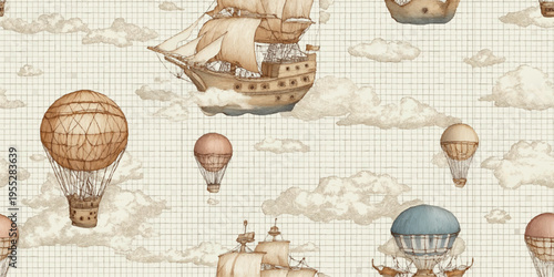A nostalgic steampunk-inspired seamless pattern featuring detailed engravings of flying galleon ships and vintage hot air balloons floating among clouds.