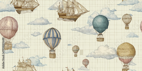 A nostalgic steampunk-inspired seamless pattern featuring detailed engravings of flying galleon ships and vintage hot air balloons floating among clouds.
