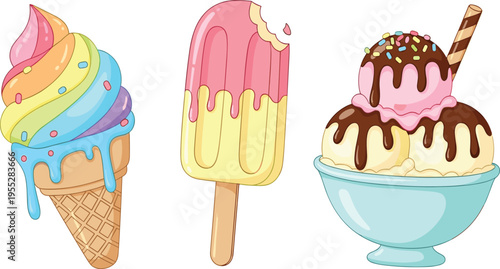 Colorful Ice Cream Vector Set Featuring Ice Cream Cone, Popsicle, and Sundae for Dessert Designs