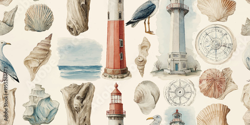 A comprehensive maritime seamless pattern composed of watercolor lighthouses, soaring seagulls, weathered driftwood, and vintage compasses. Ideal for coastal home decor, seaside cottage interiors.