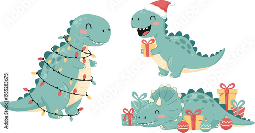Cute Christmas Dinosaur Vector Set Featuring Dino with Santa Hat, Christmas Lights, and Gifts for Holiday Designs